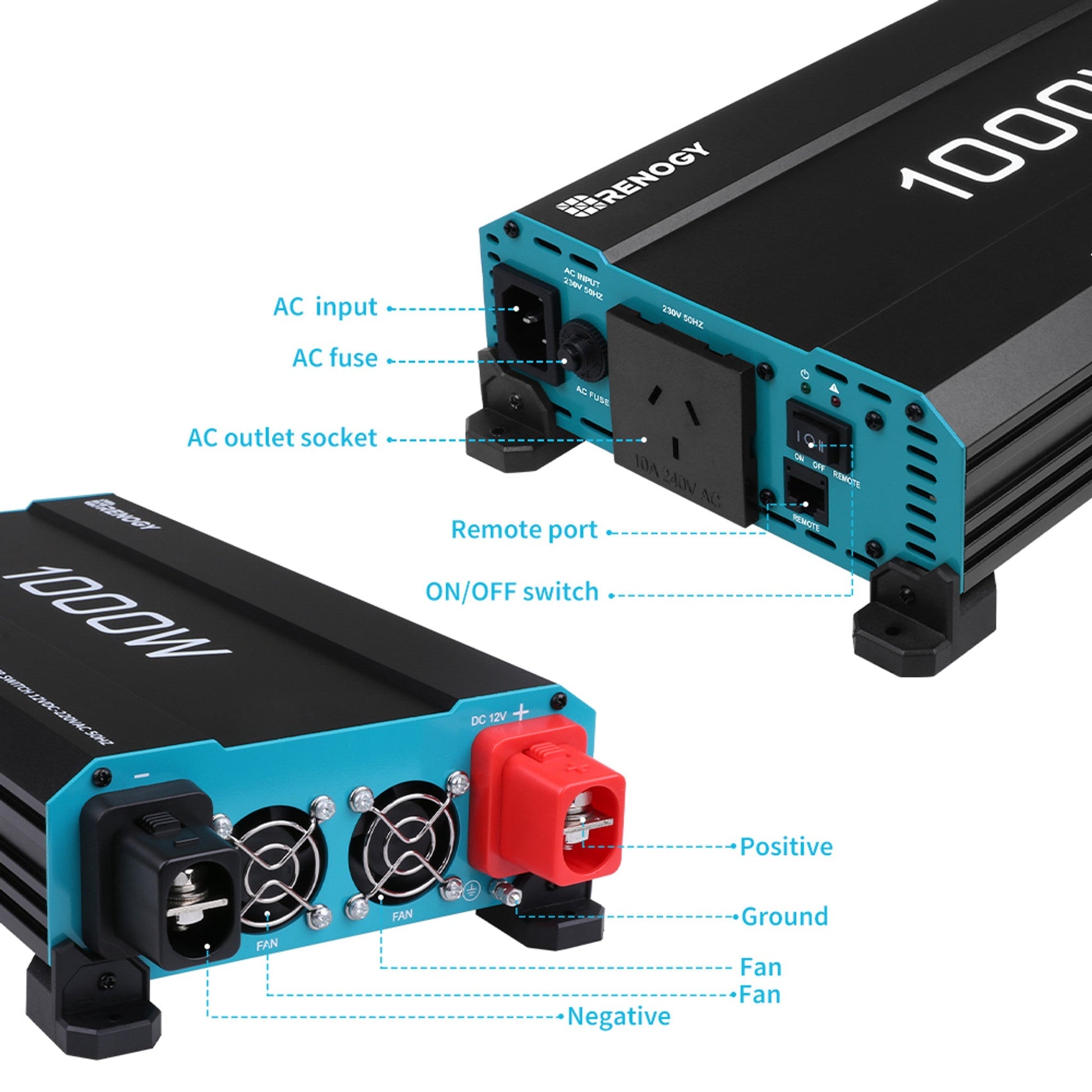 Inverter | Renogy | 1000W 12V to 230V Pure Sine Wave Inverter - Unwind Designs