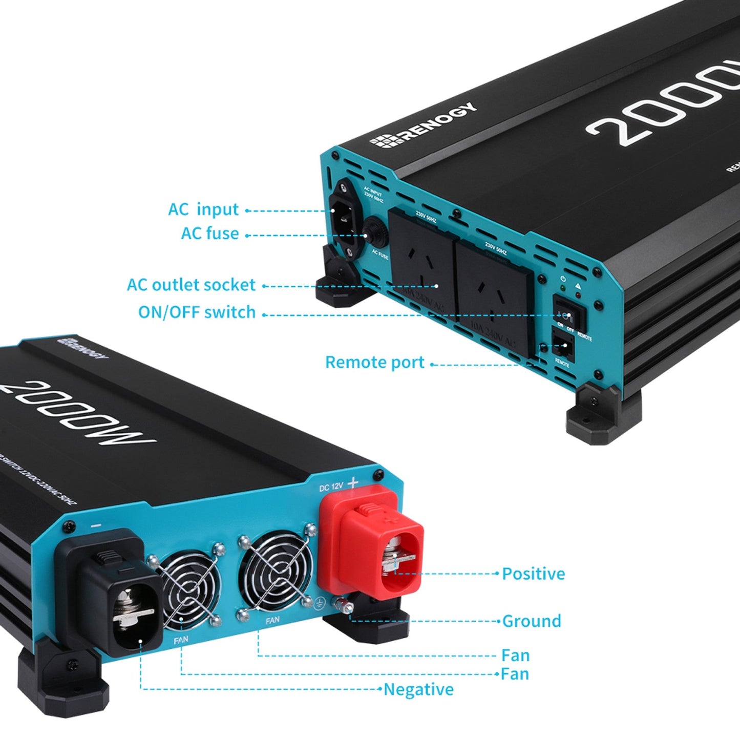 Inverter | Renogy | 2000W 12V to 230V Pure Sine Wave Inverter - Unwind Designs